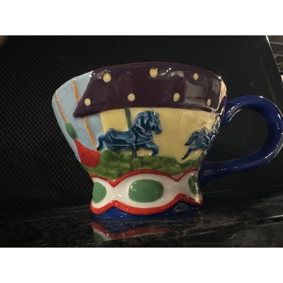 Vintage Carnival-Themed Ceramic Teapot Red Handle & Matching Cup Hand-Painted - Picture 8 of 10